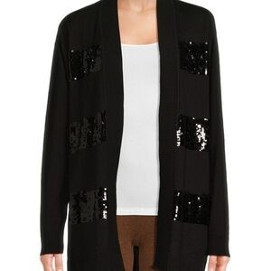 DKNY Sequin Cardigan Womens Size Large Black Glam Sparkly Disco Festival NEW